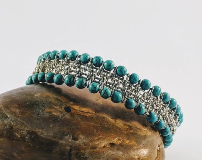 Aztec Tribal Native American Turquoise Cuff Woven Silver Wire Bracelet