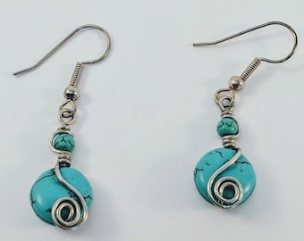 Turquoise Earrings with Sacred Spiral - Wire Wrap December Birthdays