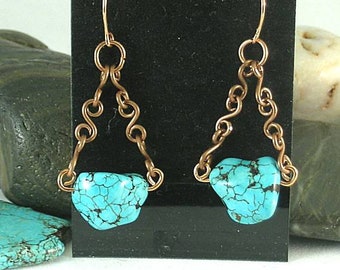 Copper Links Turquoise Nugget Earrings - Mayan - Aztec - Southwest