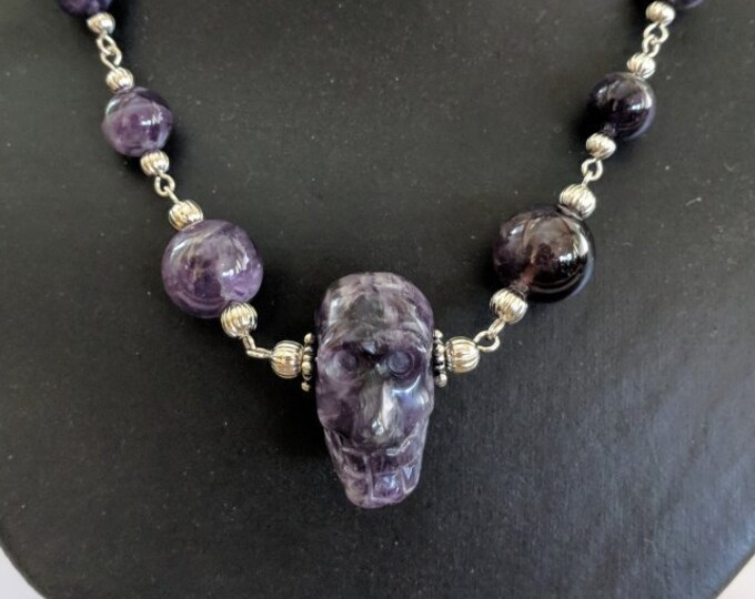 Amethyst Skull Necklace - Memento Mori Halloween - February Birthday