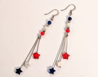 Red, White and Blue Star Dangle Earrings - 4th of July - Patriotic