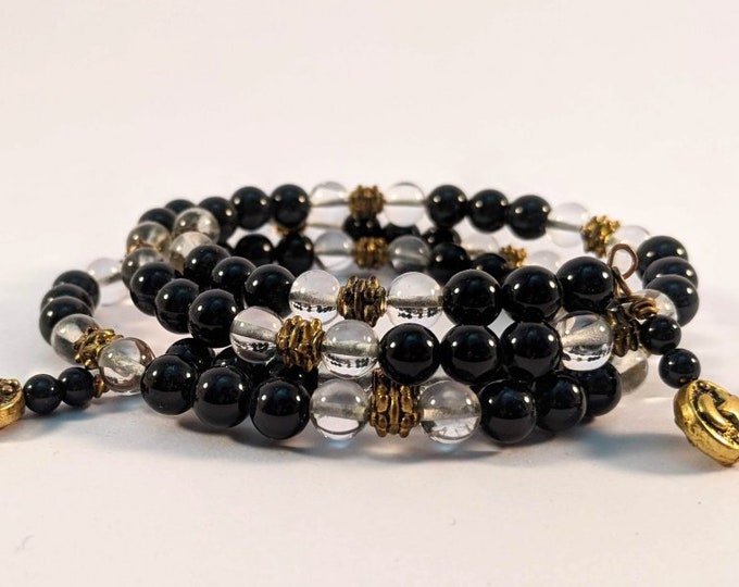 Goddess Heaven and Earth Wire Bracelet - Clear Crystals and Black Onyx