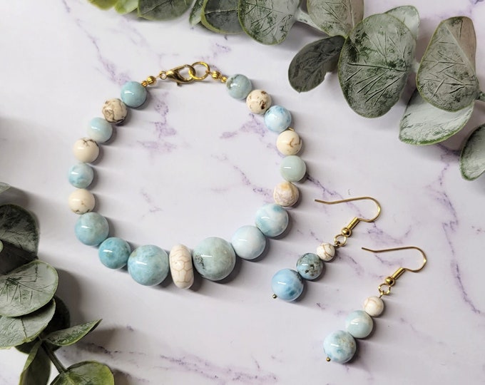 Larimar and Magnesite Bracelet Earring Set - Gemstone Jewelry Set - Larimar Bracelet and Earrings