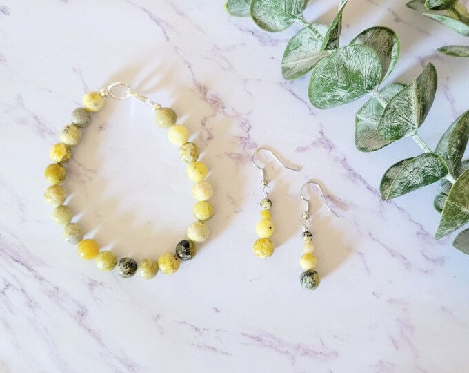 Yellow Turquoise Beaded Bracelet and Earrings Set- Healing Bracelet - Positivity Bracelet - Stone Bracelet - Affirmation Bracelet - Crystals