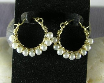 Pearl Hoops w Bronze  - Renaissance Earrings - Elizabethan - Italian