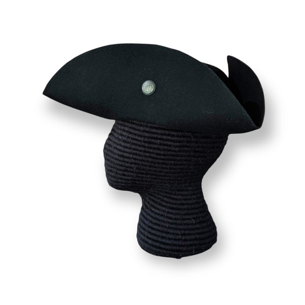 Buttoned Black Felt Tricorn - Cocked Hat - Colonial America