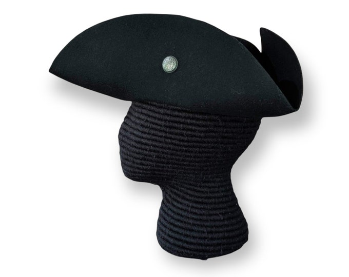 Buttoned Black Felt Tricorn - Cocked Hat - Colonial America