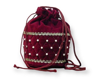 In Stock! Burgundy Velveteen Quilted Shoulder Purse with Pearls - Renaissance