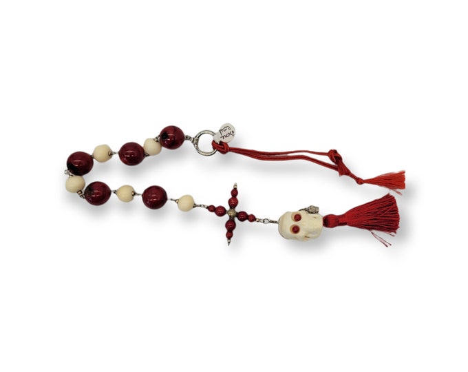 Red Coral Credo Cross and Bone Pirate Skull Paternoster - Memento Mori