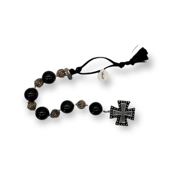 Onyx and Silver Tenner with Equal Armed Cross Pattee Chaplet Paternoster