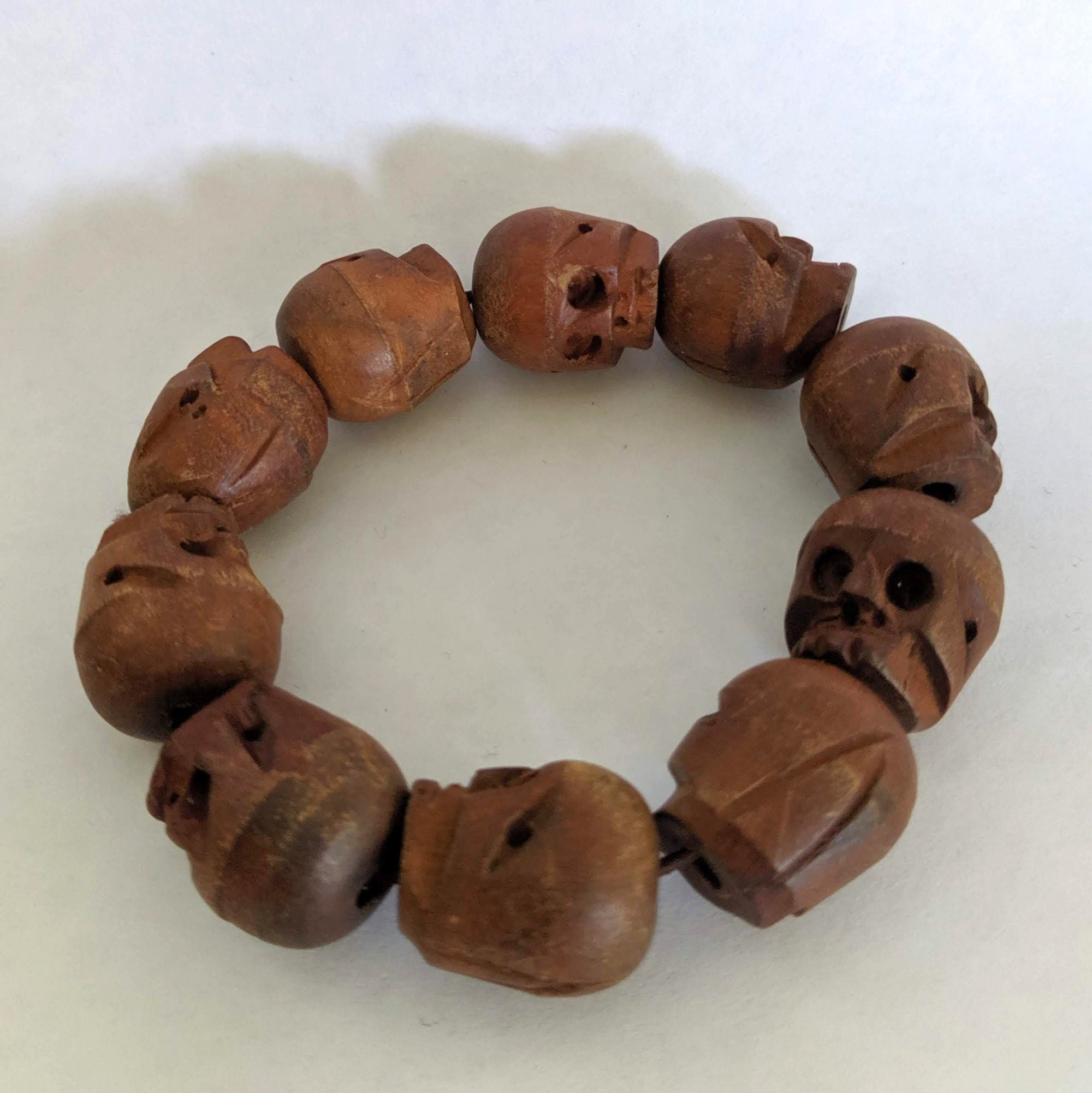 Carved Wooden Skull Stretch Bracelet - Memento Mori Beads