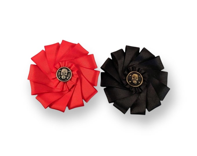 Skull and Crossbones Cockade - Folded Ribbon Rosette - Pirate - Memento Mori