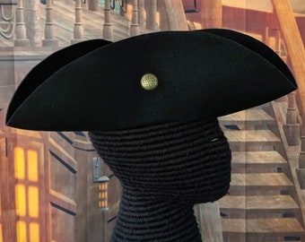 Buttoned Black Felt Tricorn - Cocked Hat - Colonial America