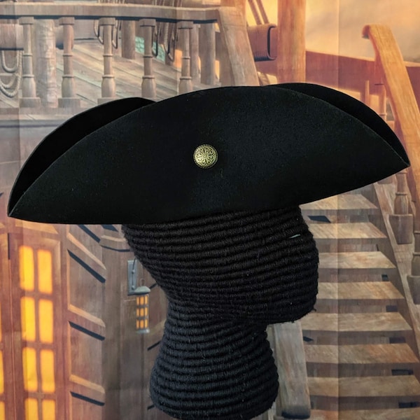 Buttoned Black Felt Tricorn - Cocked Hat - Colonial America