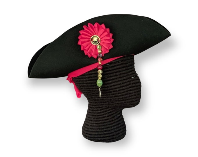 Pirate Tricorn - Skull Cockade Pin - Trade Beads - Bandana - Felt Hat