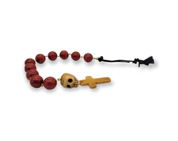 Bone Skull & Cross with Coral Paternoster Tenner - Memento Mori