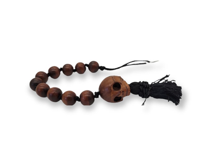 Wooden Skull Paternoster w Round Wood Beads - Memento Mori