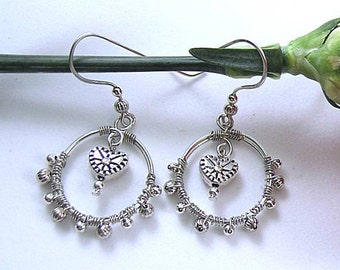 Wire Wrapped Hoop Earrings with Metal Heart