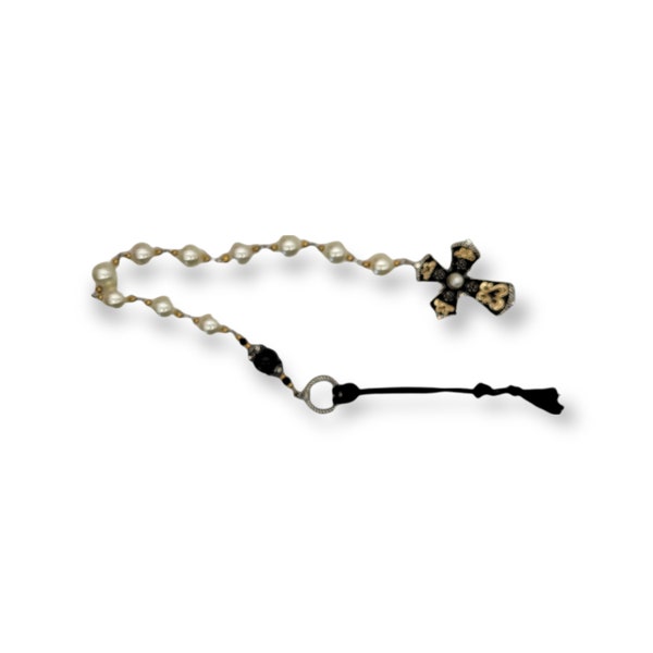 Pearl & Jet Paternoster Rosary with Black Enameled Cross and Crystals