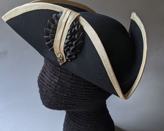 Edge Trimmed Tricorn - Gold Edging - Black and Gold Double Cockade - Colonial Tricorn