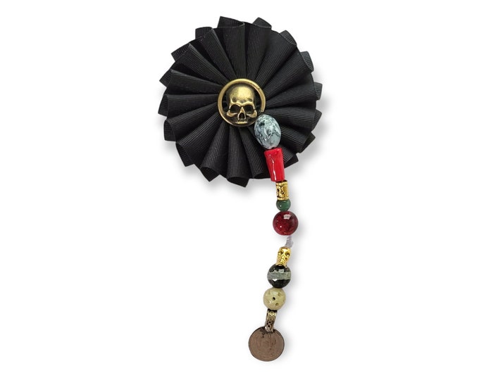 Skull Cockade - Memento Mori - Pirate Hat Ribbon Pin With Trade Beads