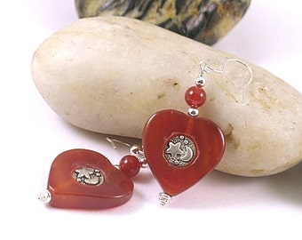 Carnelian Heart with Star - Moon Earrings