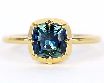 Bi-Color Teal Untreated GIA Sapphire Engagement Ring |  18k Gold Sapphire Ring | Recycled Yellow Gold | Modern | Minimal  | Vintage