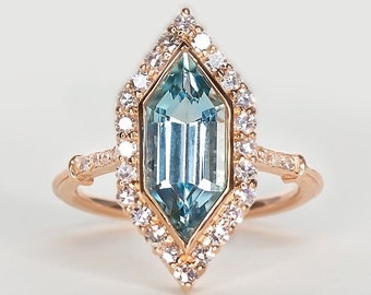 Natural GIA Hexagon Aquamarine Art Deco Halo Engagement Ring in Rose Recycled Gold