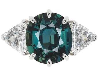 Teal Australian Sapphire & Post-consumer shield recycled vintage diamond platinum three stone ring