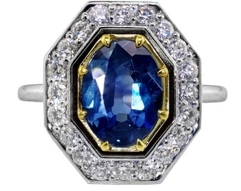 Lebhafter Blauer Saphir Art Deco Ring aus Platin und 750 recyceltem Gelbgold