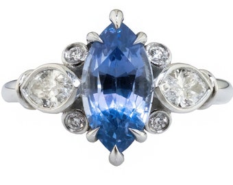 Marquise Ceylon Blue Sapphire Recycled Platinum Art Deco Engagement Ring with Marquise Side Diamonds