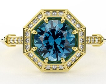 Art Deco Octagon Teal Montana Sapphire 1.50 Carat Round Brilliant Vintage Style Engagement Ring with Octagon Diamond Halo