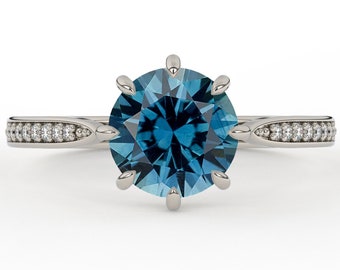 Art Deco Teal Montana Sapphire 1.50 Carat Round Brilliant Vintage Style Engagement Ring with Diamond Side Stones