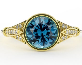 Art Deco Vintage Bezel Set Teal Montana Sapphire 1.50 Carat Round Brilliant & Diamond Low Profile Engagement Ring