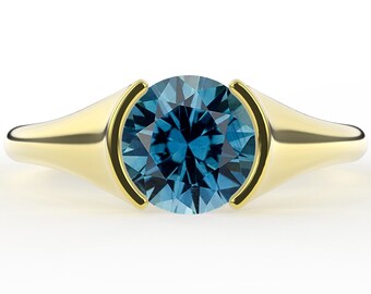 Half Bezel Set Teal Montana Sapphire 1.50 Carat Round Brilliant Minimal Band Solitaire