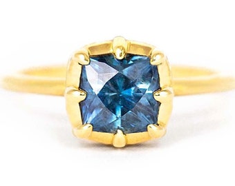 Blue Montana Sapphire Recycled Yellow Gold Engagement Ring | Vintage Cut Earth Mined Diamonds | low profile | To sit flush with Wedding Band