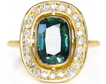 Deep Blue Green Elongated GIA Teal Sapphire Gold Deco Engagement Ring |  Bezel Set | Recycled Gold | Low-Profile  | 18k Gold