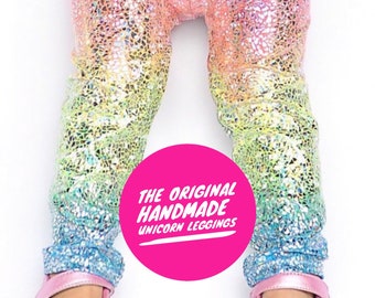 Unicorn leggings- baby girl leggings- toddler leggings- kids leggings- metallic, sparkly holographic leggings- whimsical rainbow leggings