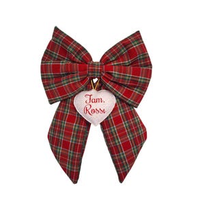 Fiocco Natalizio Tartan Rosso Oro - Puntale Albero in Velluto Personalizzato Fatto a Mano 45x30 cm - Con Cuore personalizzato