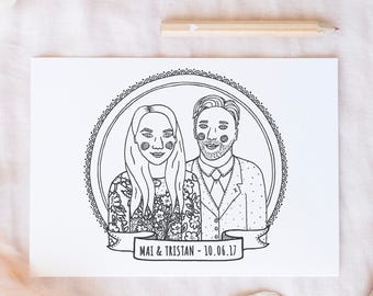 Custom colouring wedding portrait, wedding colouring page, personalised wedding, kids wedding activity, kids wedding favour, wedding favour
