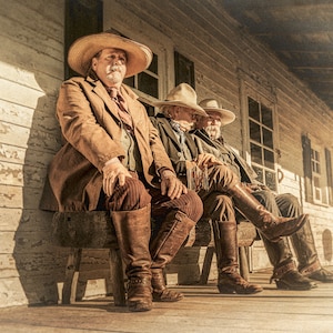 Samsung Frame TV Art | Cowboy Brain Trust | 4K Vintage Cowboys on a Bench Photograph - Art for TV & Computer | Old Cowboys | K4 Studios