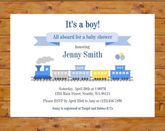 Train Baby Shower Invitation - Train Invitation - Boy Baby Shower - Blue Yellow Gray - Printable, Custom, Digital File