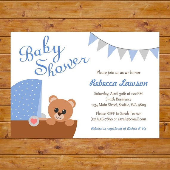 Blue Baby Shower Invitation With Teddy Bear and Carriage Teddy
