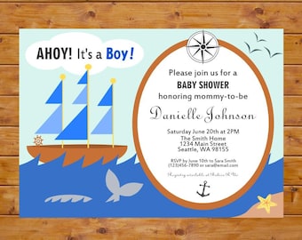 Nautical Baby Shower Invitation, Nautical Theme, Ahoy Its a Boy, Nautical Baby Boy Shower Invitation, Printable, Custom, Digital File