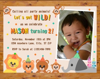 Invitación de cumpleaños de animales de fiesta - Invitación de cumpleaños con foto - Invitación al zoológico - Safari Jungle Theme Birthday - Archivo digital imprimible, personalizado