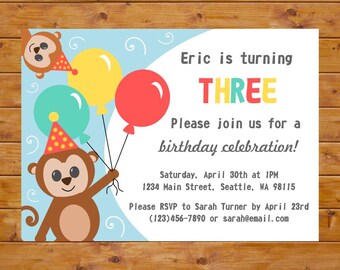 Monkey Birthday Invitation - Monkey Invitation - Gender Neutral Birthday Party Invitation - Printable, Custom, Digital File