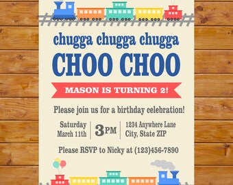 Convite de aniversário de trem - Convite de festa de trem - Chugga Chugga Two Two Birthday Party Invitation - Arquivo digital para impressão, personalizado