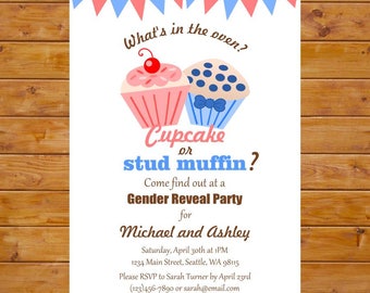 May include: A gender reveal party invitation featuring a pink and blue cupcake design. The text reads "What's in the oven? Cupcake or stud muffin? Come find out at a Gender Reveal Party for Michael and Ashley. Saturday, April 30th at 1 PM 1234 Main Street, Seattle, WA 98115 Please RSVP to Sarah Turner by April 23rd (123) 456-7890 or sarah@email.com"