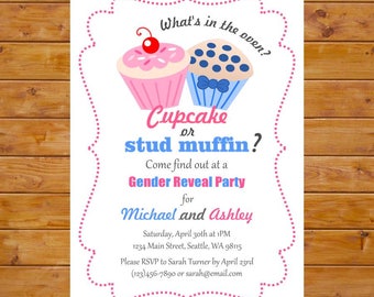 Gender Reveal Party Invitation - Cupcake or Stud Muffin - Printable, Custom, Digital File
