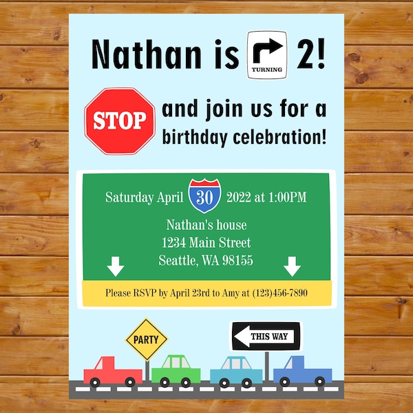 Road Sign Birthday Invitation - Car Birthday Invitation - Traffic Signs for Birthday Party - Printable, Custom, Digital File